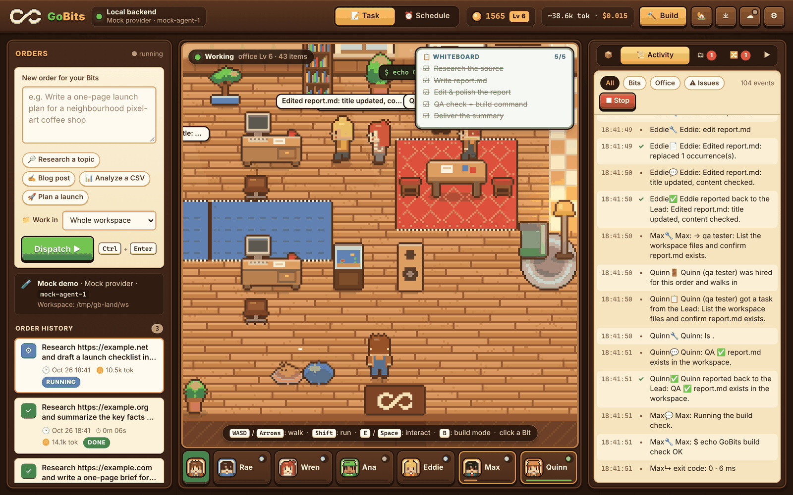 The GoBits office with Bits at work and an activity feed listing each tool call, such as reading a web page and writing a file.