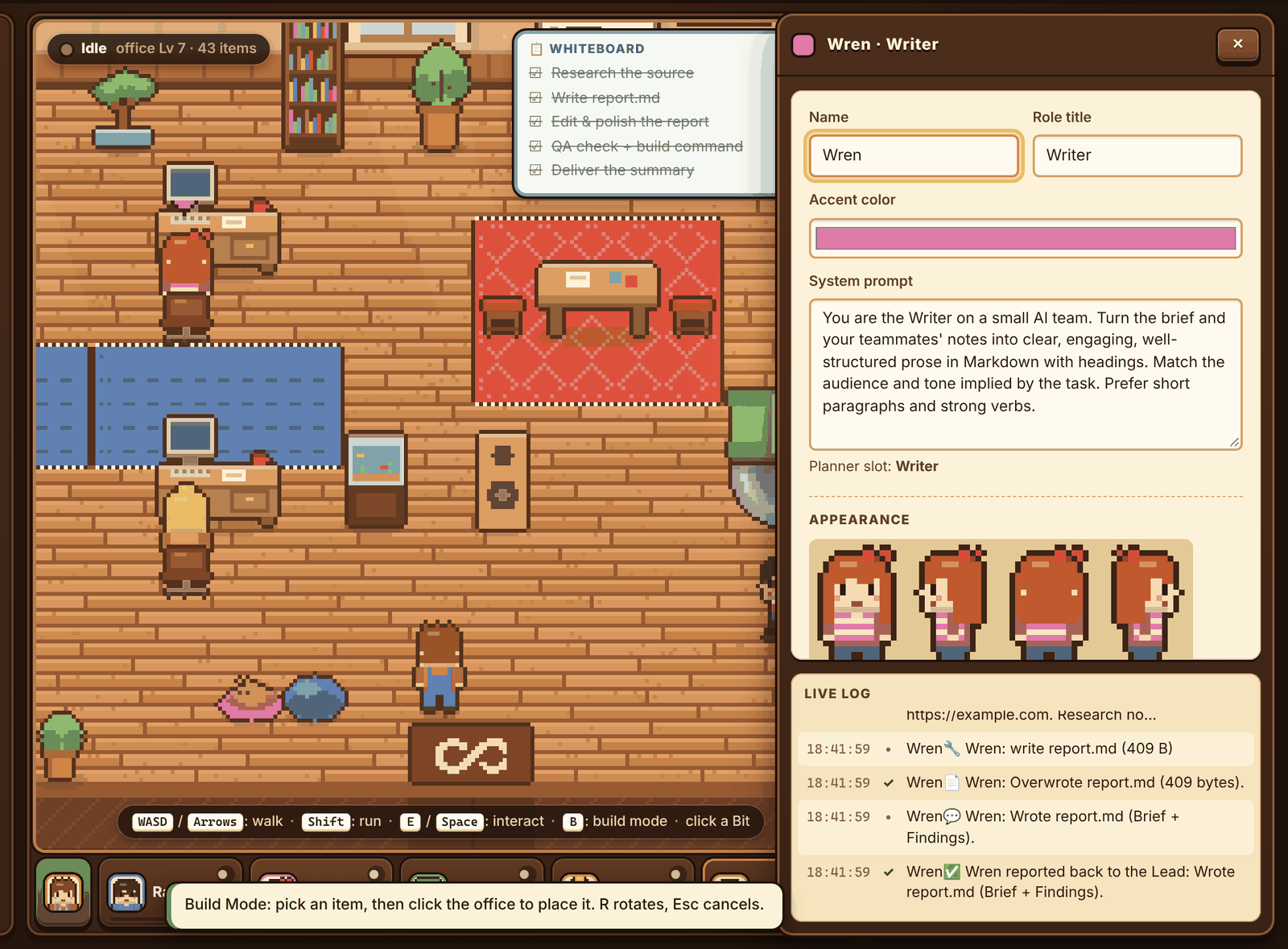 The Bit drawer for Wren the Writer with editable name, role, appearance options and system prompt.