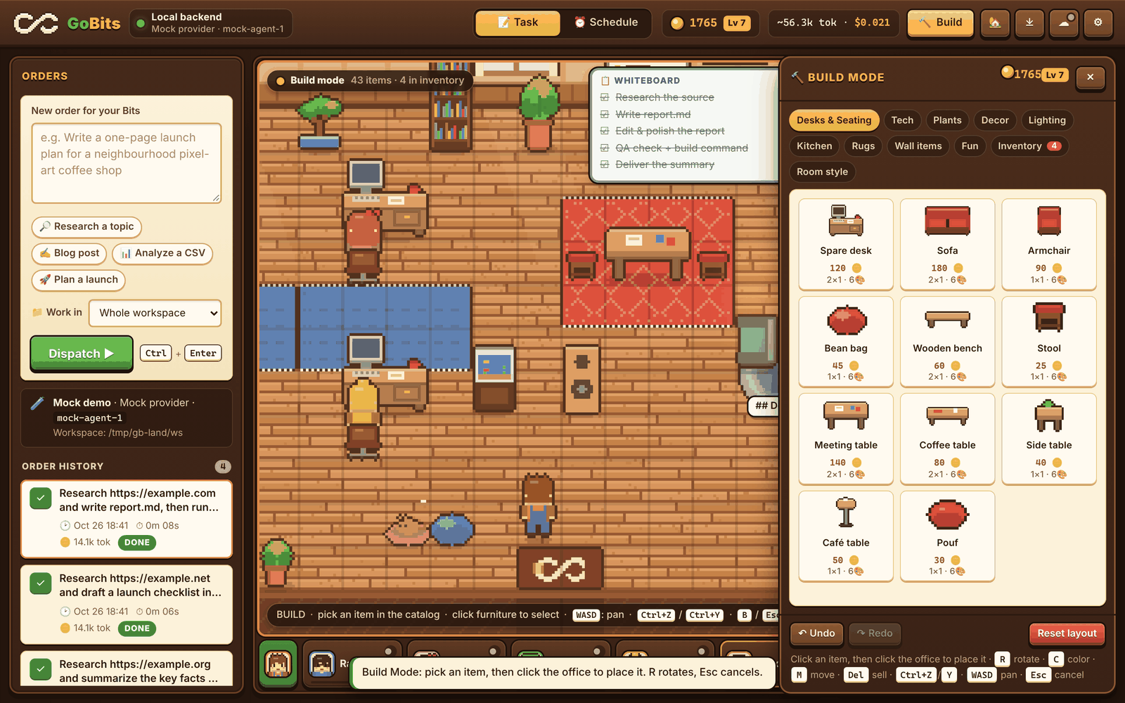 Build Mode in GoBits: a grid over the office and a catalog of pixel furniture, wallpapers and floors.