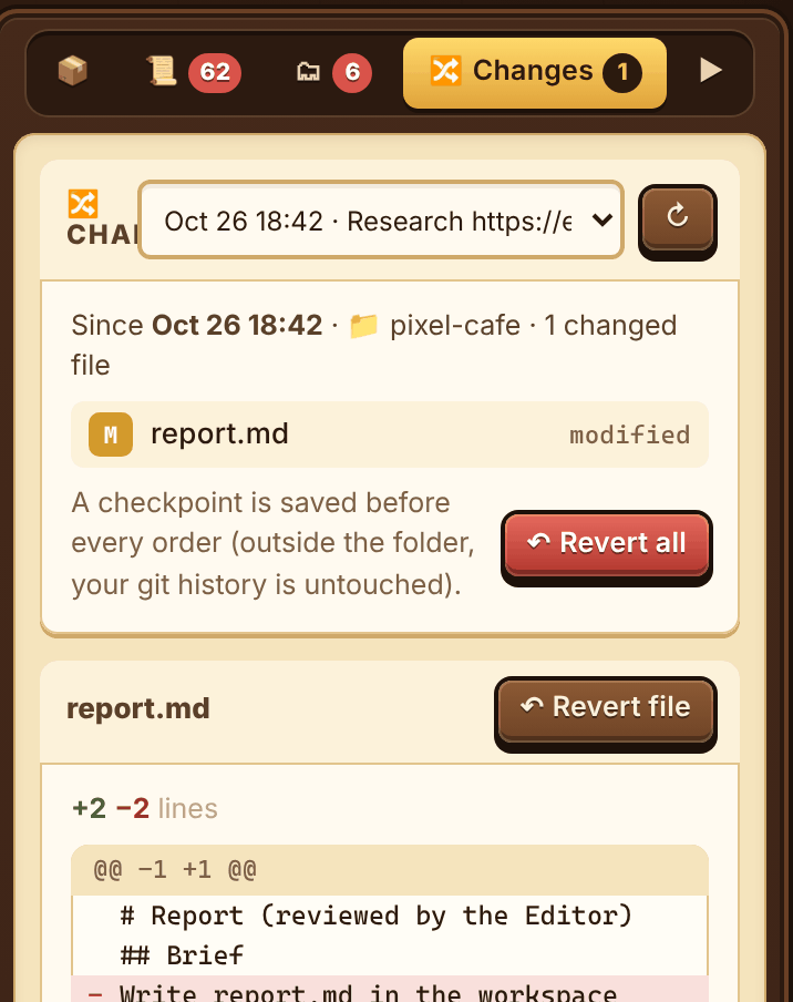 The Changes panel showing report.md as modified with a red and green line diff and Revert file and Revert all buttons.