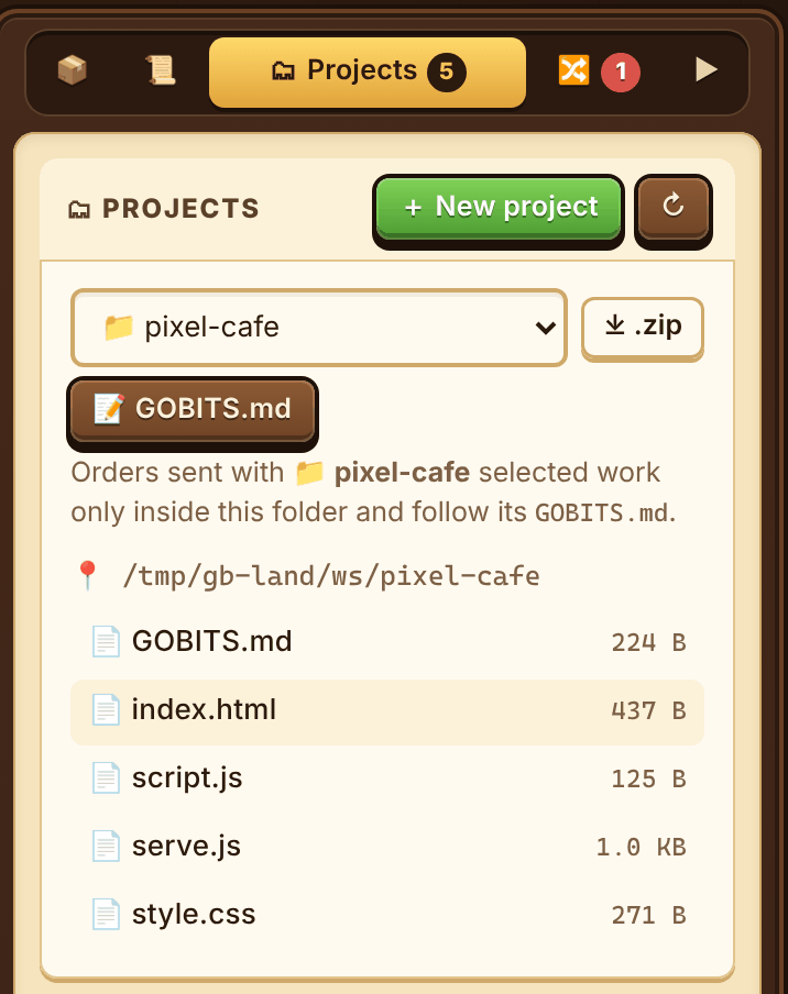 The Projects panel listing the pixel-cafe project and its files, with New project and download buttons.