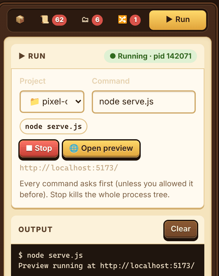 The Run panel with a project selected, the command node serve.js running and an Open preview button, above the command output.